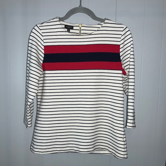 Talbots White Navy Red striped top Sz MP 3/4 Sleeve Nautical exposed back zip - Picture 1 of 4